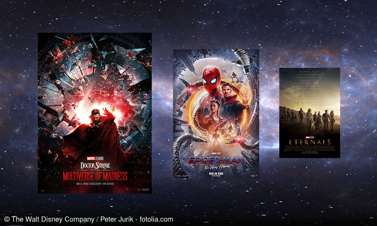 Filmplakate der Titel Dr. Strange 2, Spider-Man: No Way Home, Eternals