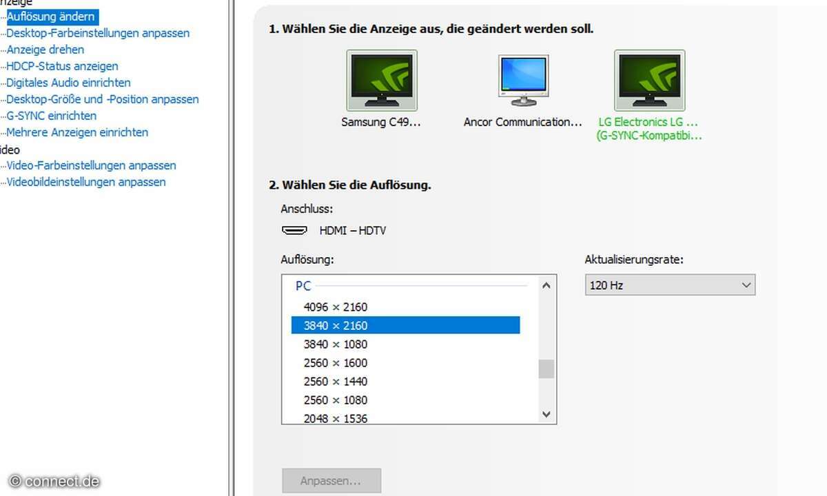 Die PC-Auflösung für UHD mit 120Hz ließ sich ohne Probleme einstellen, als wäre der Rechner direkt mit dem TV verbunden.