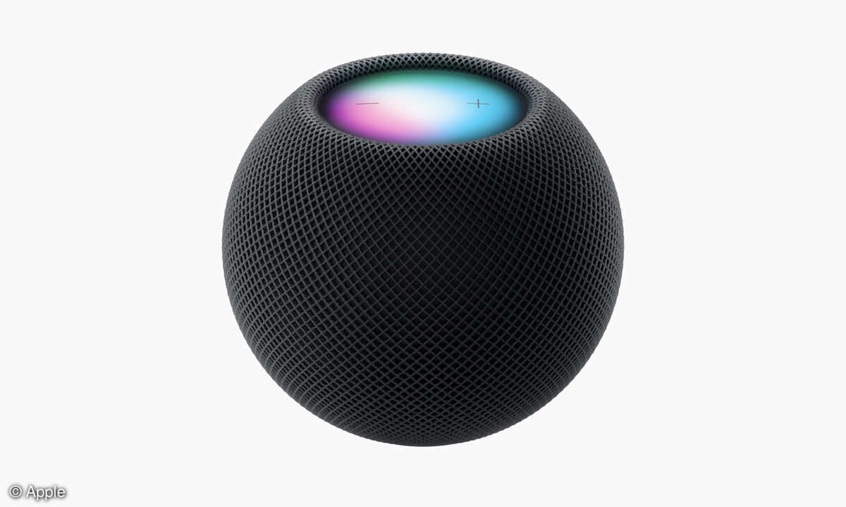 HomePod mini in Mitternacht mit nahtlosem, akustisch transparentem Netzgewebe.