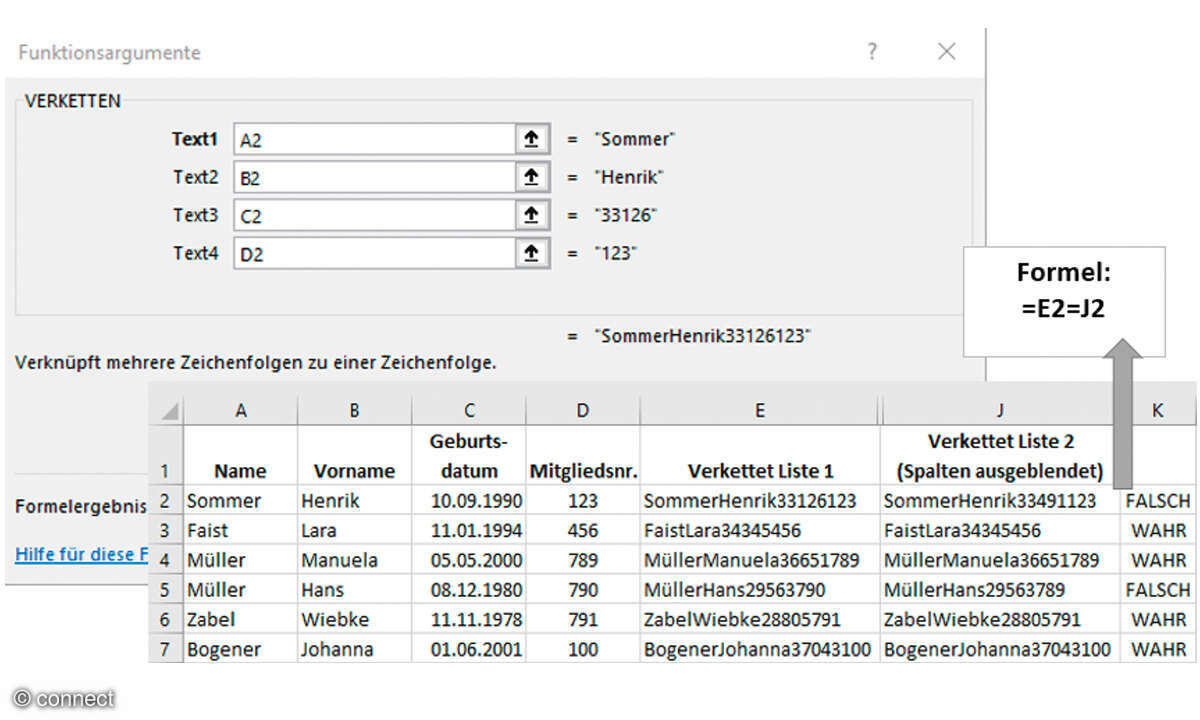 Excel & Co.: Datenvergleich in Tabellenkalkulationen: Screenshot VERKETTEN