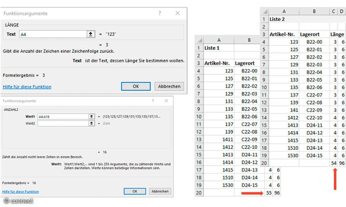 Excel & Co.: Datenvergleich in Tabellenkalkulationen: Screenshot ANZAHL2 und LÄNGE