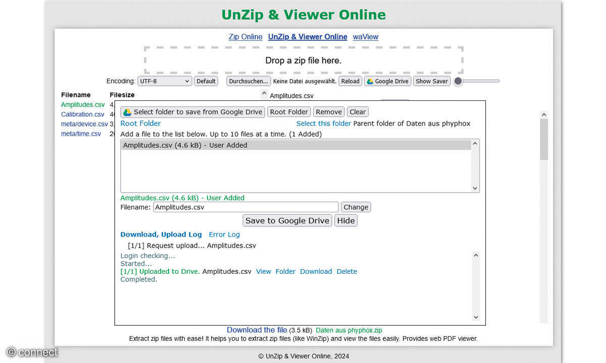 Workshop: Messdaten exportieren und mit Google grafisch darstellen: Scereenshot UnZip