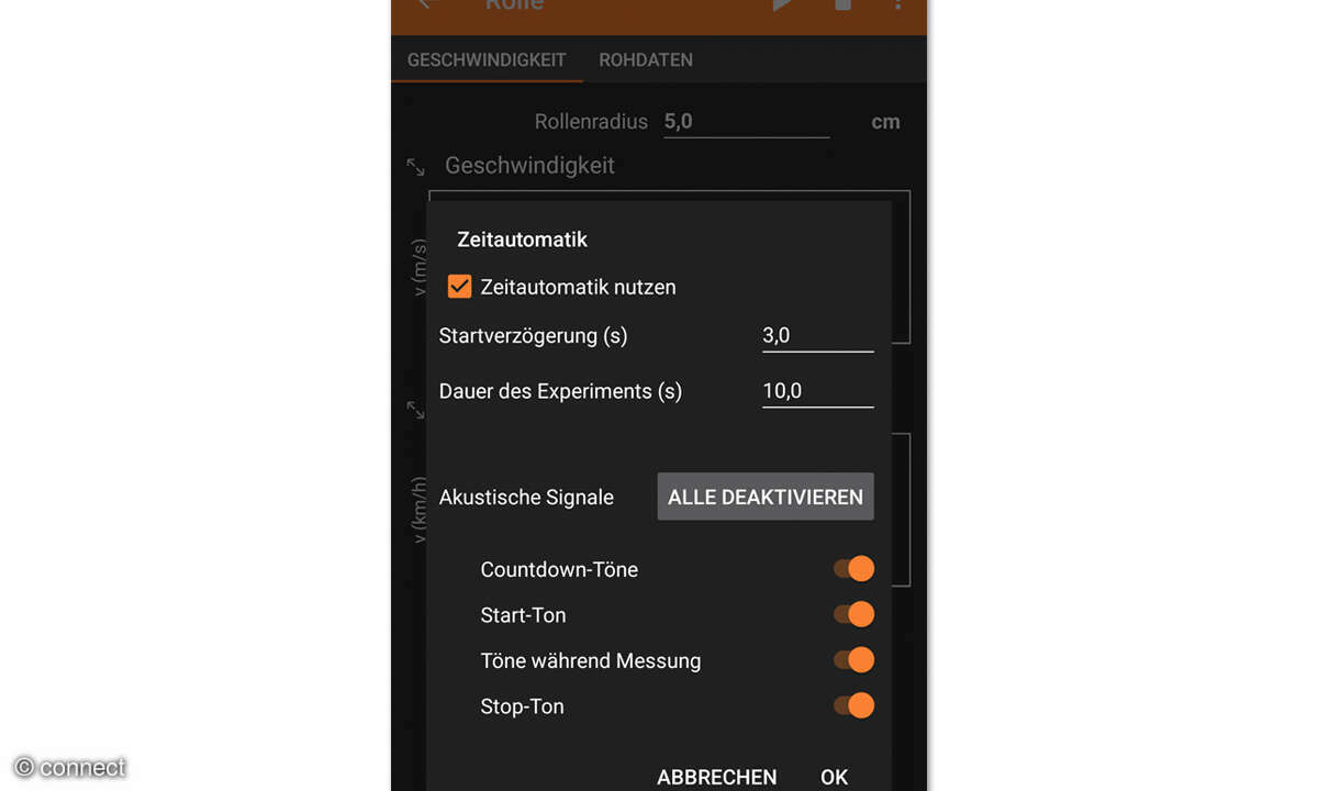 Phyphox: Physikexperimente mit Smartphones - Screenshot App Zeitautomatik