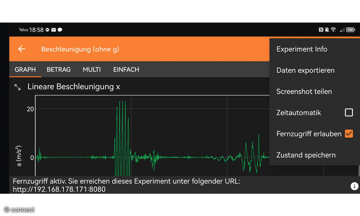 Phyphox: Physikexperimente mit Smartphones - Screenshot App Messdaten Fernzugriff 1
