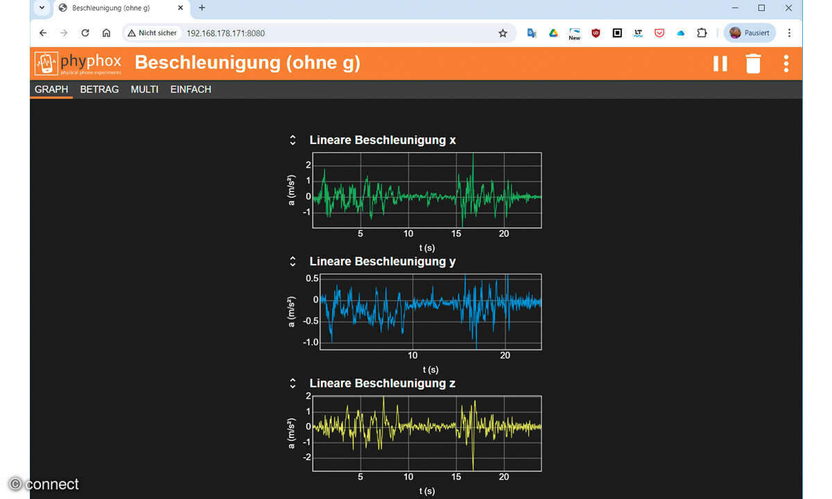 Phyphox: Physikexperimente mit Smartphones - Screenshot App Messdaten Fernzugriff 2