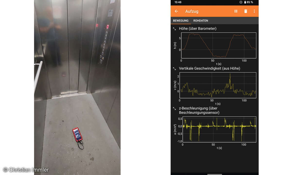Phyphox: Physikexperimente mit Smartphones - Screenshot App und Aufzug