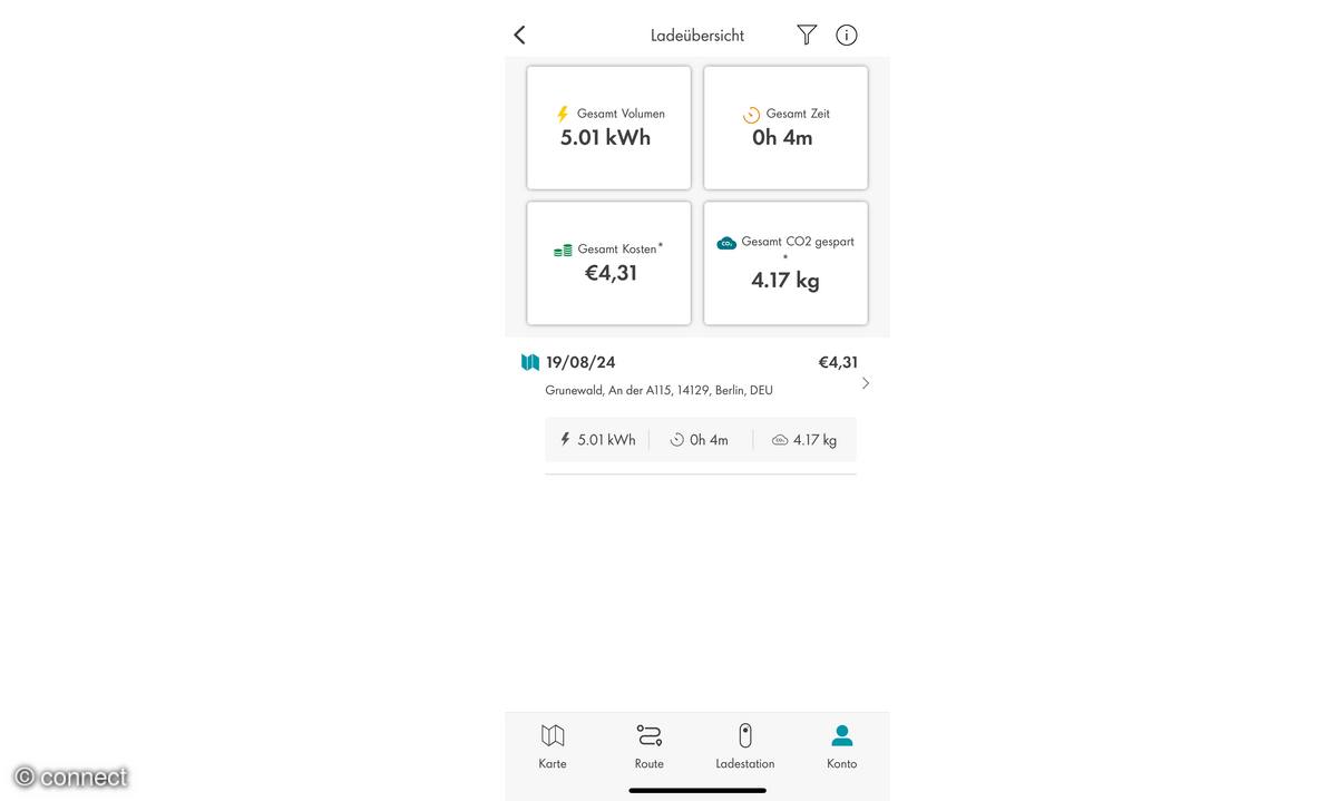 App-Screenshot: EMP Shell Recharge Ladehistorie