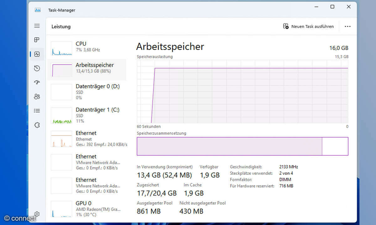 Im Task-Manager sehen Sie, wieviel Arbeitsspeicher Ihr PC aktuell verbraucht.