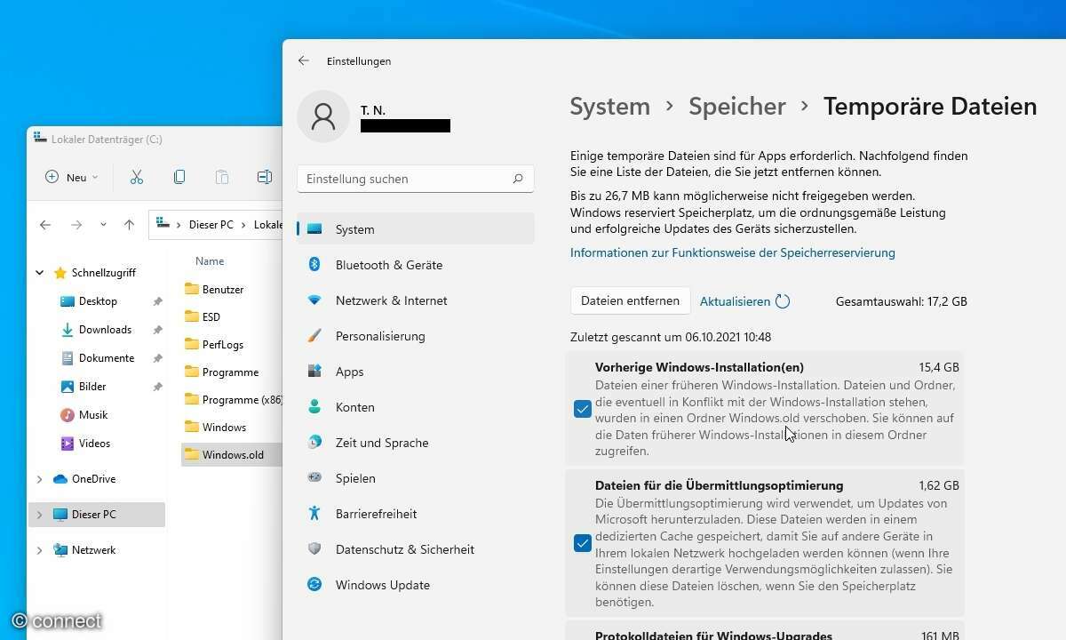 Die Speichereinstellungen bringen in der Regel den gewünschten Effekt: windows.old entfernen Sie hier.