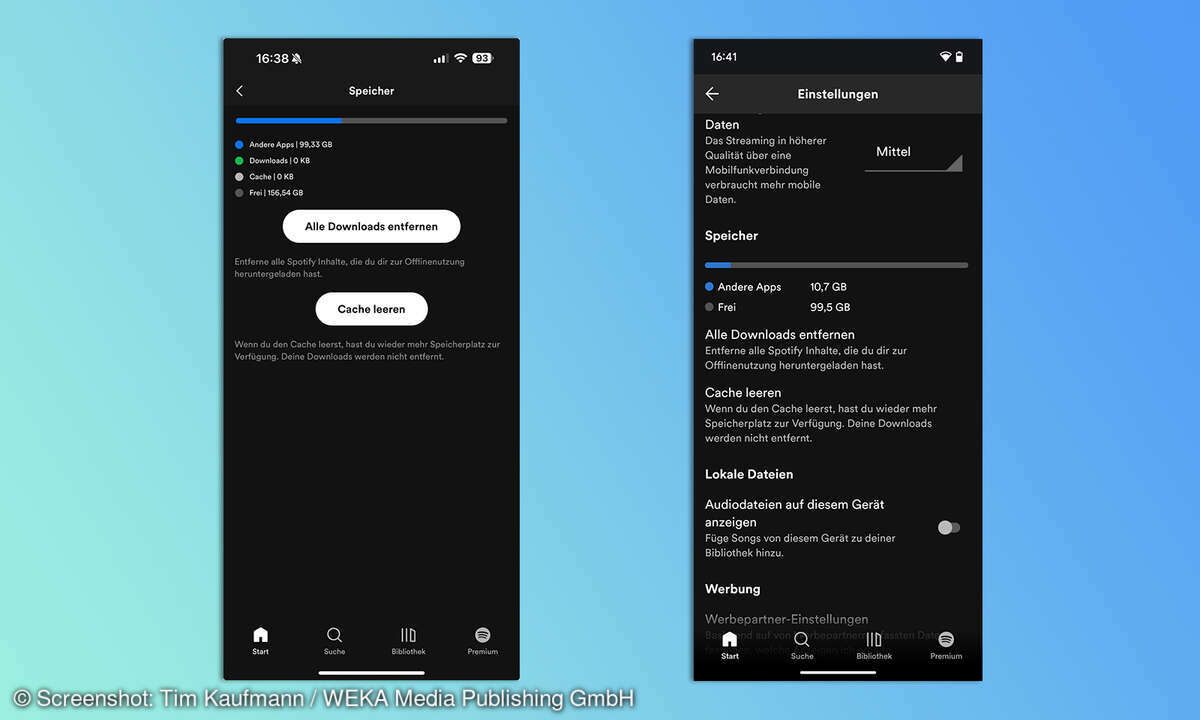 In den Einstellungen der Spotify-App für iOS (links) bzw. Android (rechts) können Sie den Cache leeren.