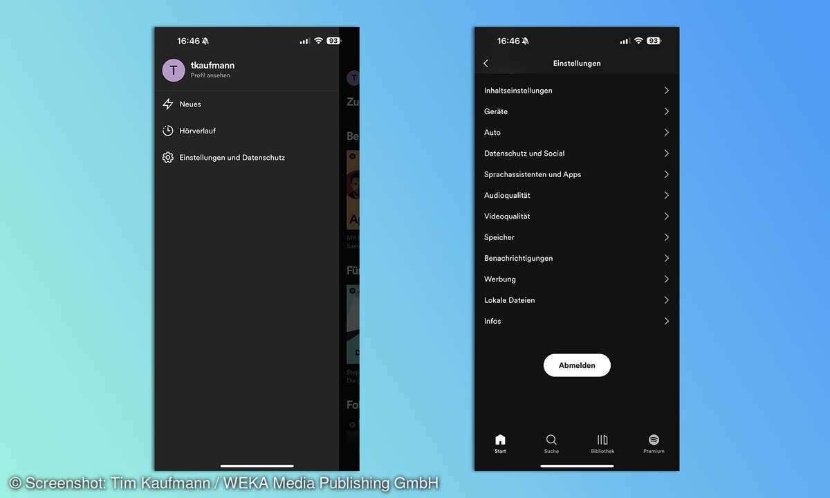 Um sich in Android/iOS von Spotify abzumelden, wechseln Sie in die Einstellungen und scrollen bis ans Ende der Seite.