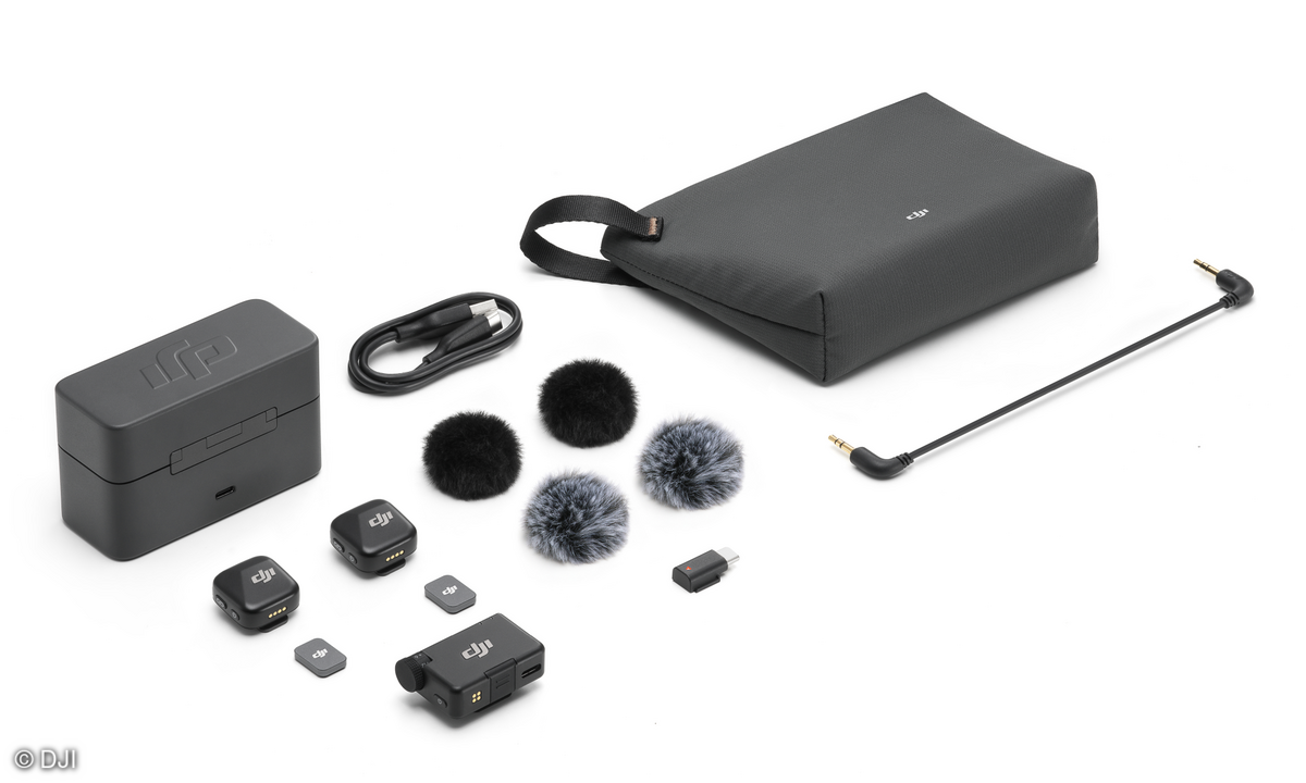 DJI Mic Mini mit zwei Mikrofonen, Empfangseinheit, Ladeschale und Zubehör