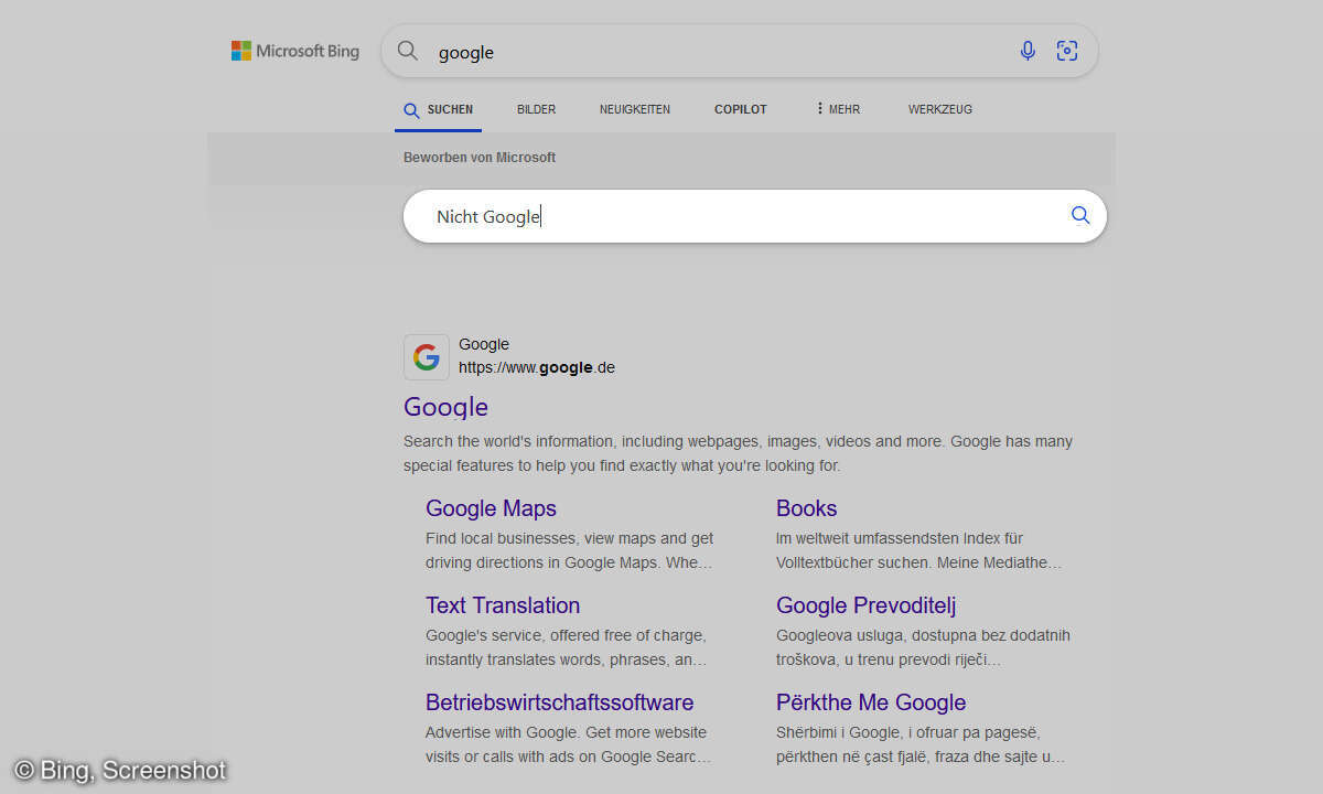 Sucht man auf bing.com nach Google, zeigt die Oberfläche eine zweite Suchmaske an, die scheinbar von Google stammt.
