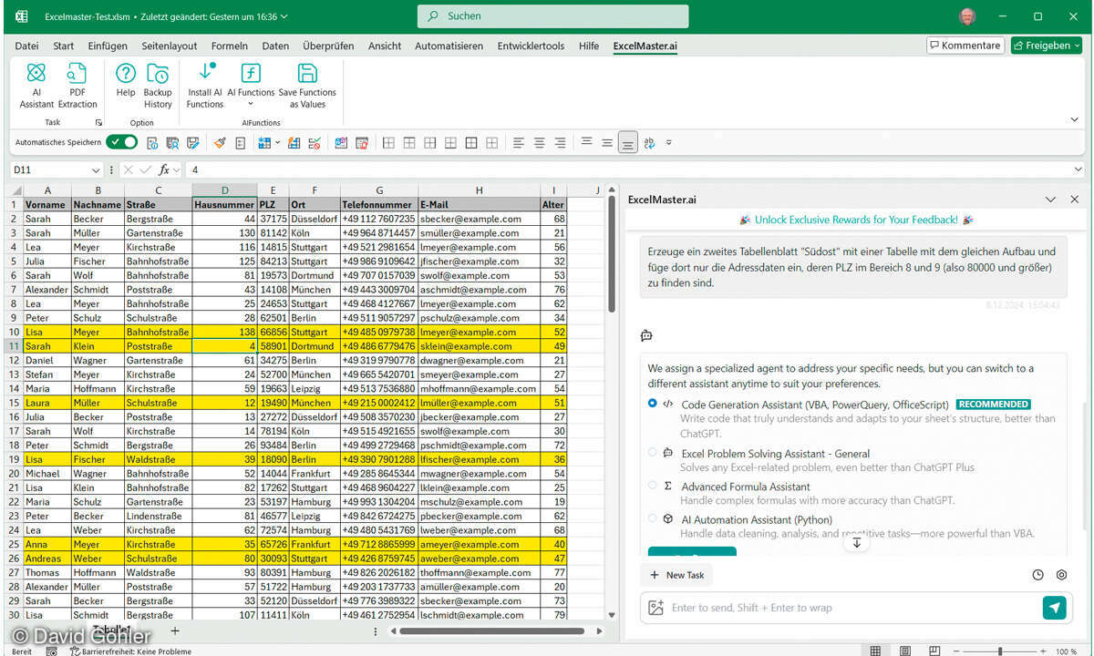Screenshot ExcelMaster.ai: Add-in bei Excel