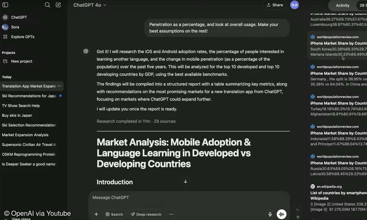 Mit Deep Research sollen komplexe KI-Aufgaben möglich werden. Das Modell erstellt zum Beispiel Marktanalysen.