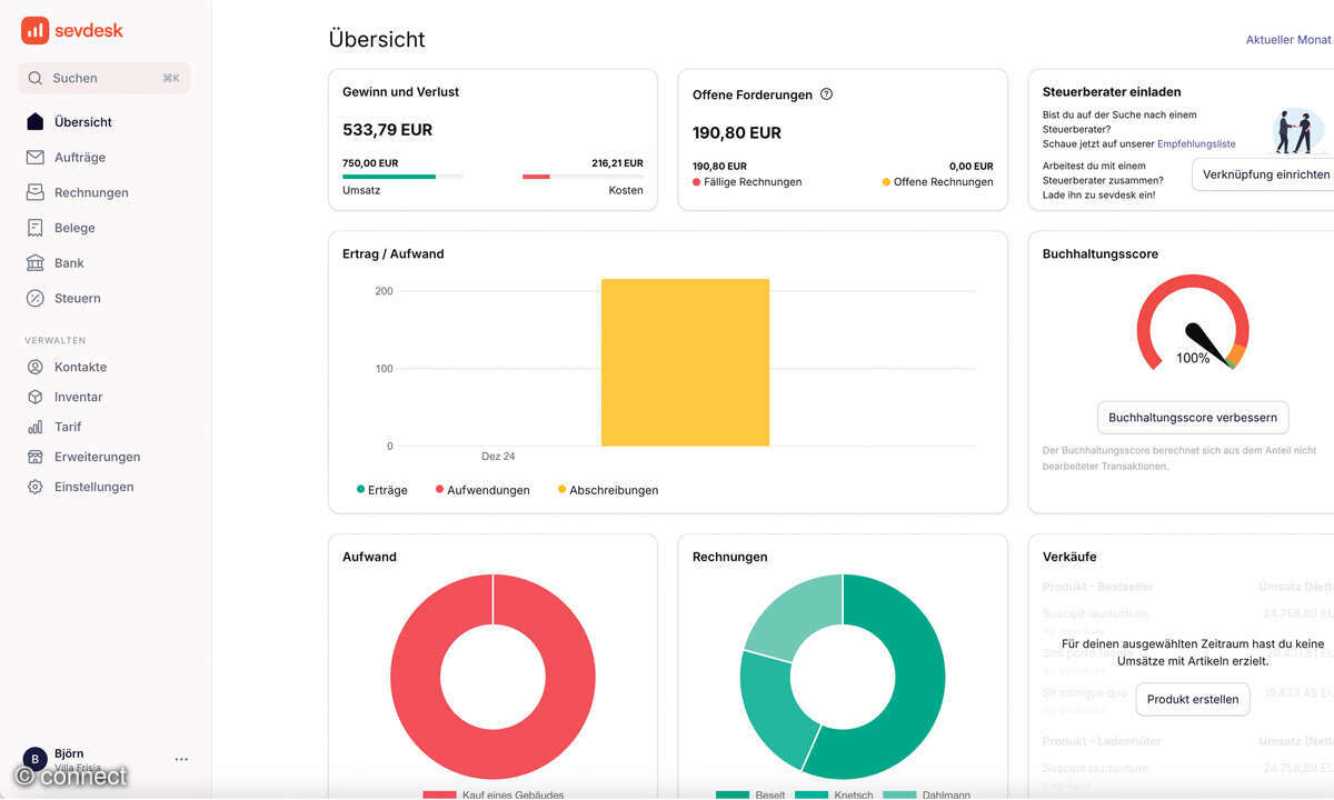 Kaufmännischer Cloud-Dienst: Screenshot Sevdesk Buchaltung