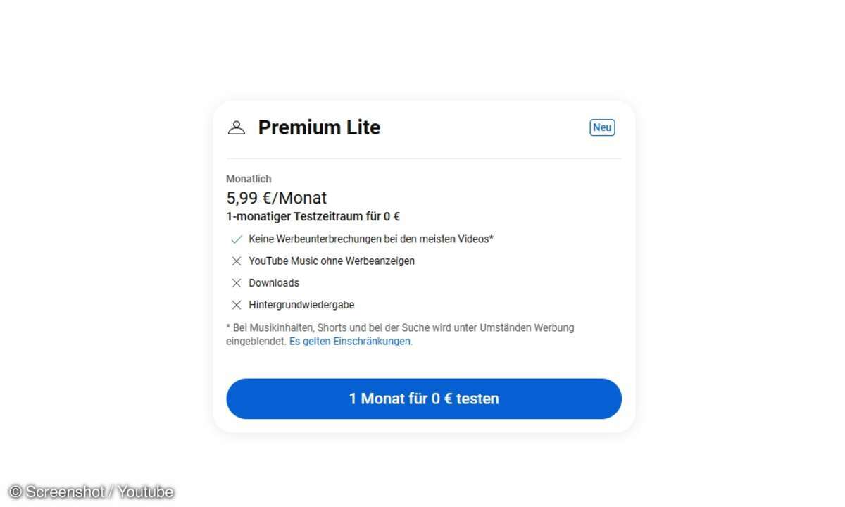 Bei den Youtube-Tarifen scrollen Sie herunter und sehen das Lite-Angebot.