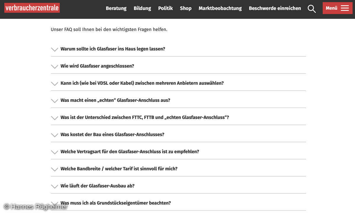 Glasfaser-Ratgeber: Screenshot Verbraucherzentrale