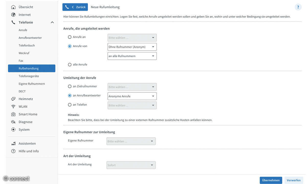 Fritz!Box Tipps: Screenshot Anonyme Anrufe Rufumleitung