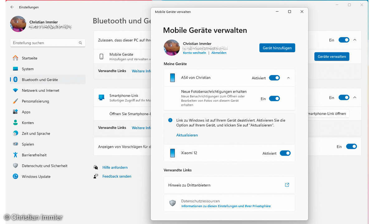 Windows Smartphone Link: Screenshot Einstellungen