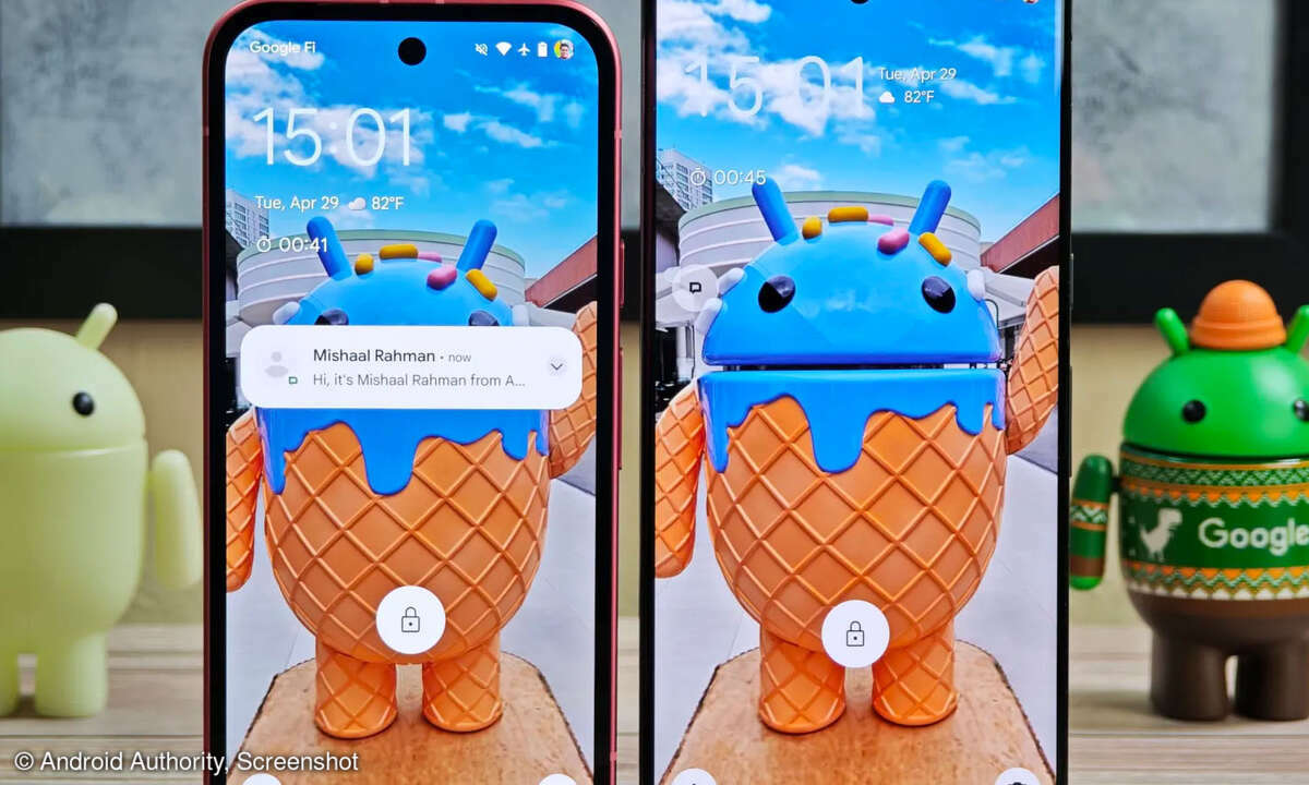 Android Authority zeigt die neue kompakte Darstellung eingehender Nachrichten (rechts).