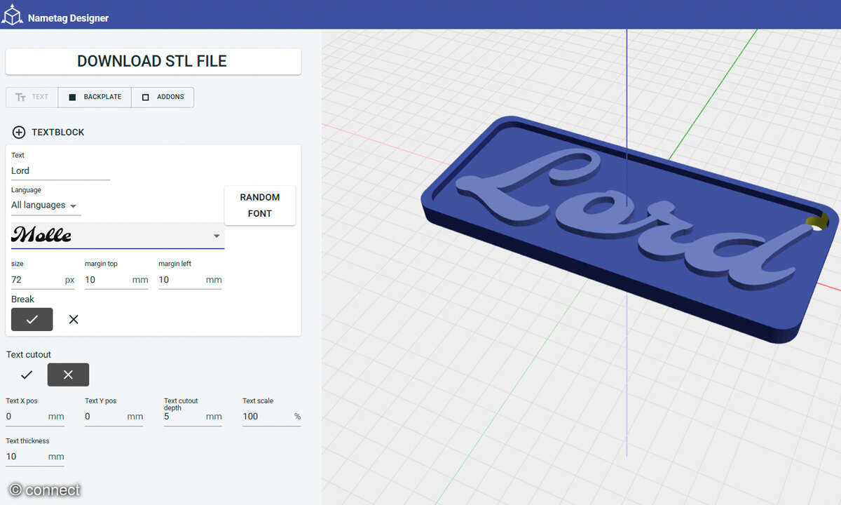 Workshop: 3D-Modelle laden, konstruieren, drucken: Screenshot Nametag-Designer