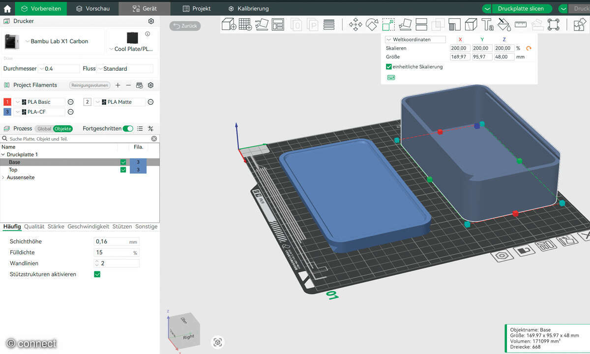 Workshop: 3D-Modelle laden, konstruieren, drucken: Screenshot Slicer-Software Skalierung