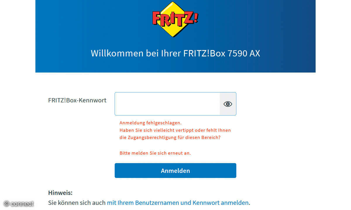 Warnzeichen gehackter Router: Screenshot Fritzbox Anmeldemaske