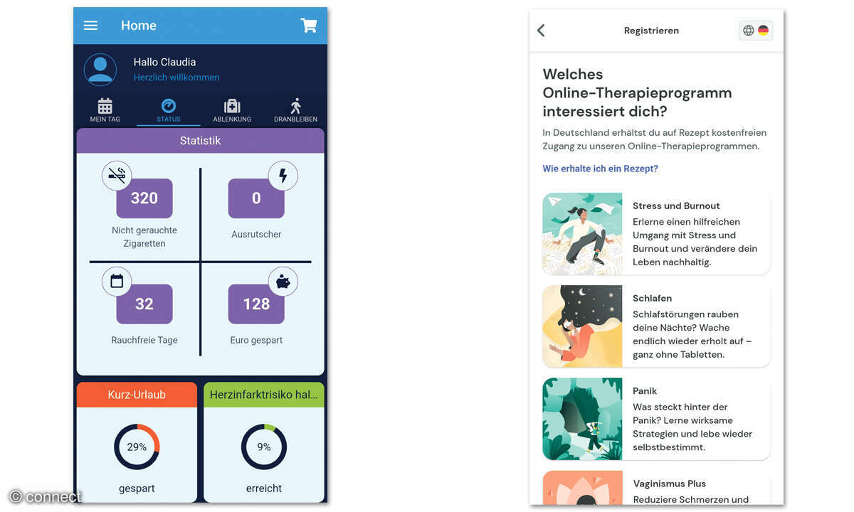 Wie zuverlässig funktionieren Symptom-Checker-Apps? Screenshots Nichtraucher-Helden und HelloBetter