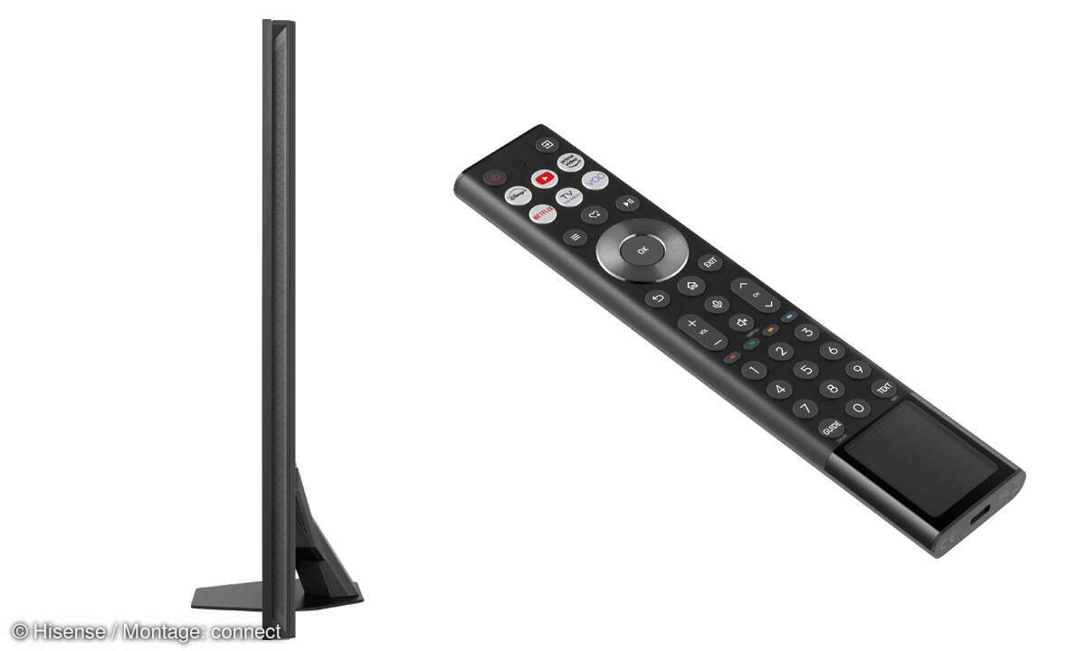 Hisense 65U8Q im Test: Seitenansicht und Fernbedienung