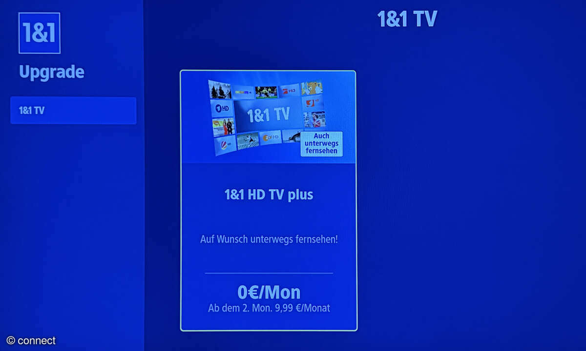 1&1 HD TV im Test: Screenshot Upgrade buchen