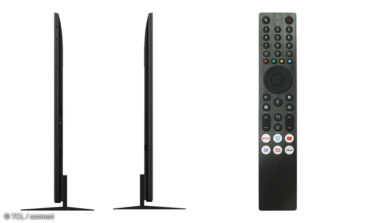 TCL 65C7K im Test: Seitenansicht und Fernbedienung