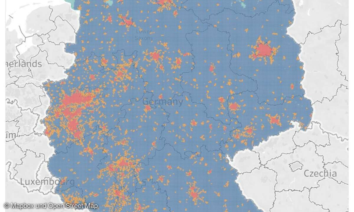 Für die gewichtete Beurteilung der Versorgungsqualität teilt umlaut jedes Land in städtische (rot), vorstädtische (orange) und ländliche (blau) Bereiche ein.