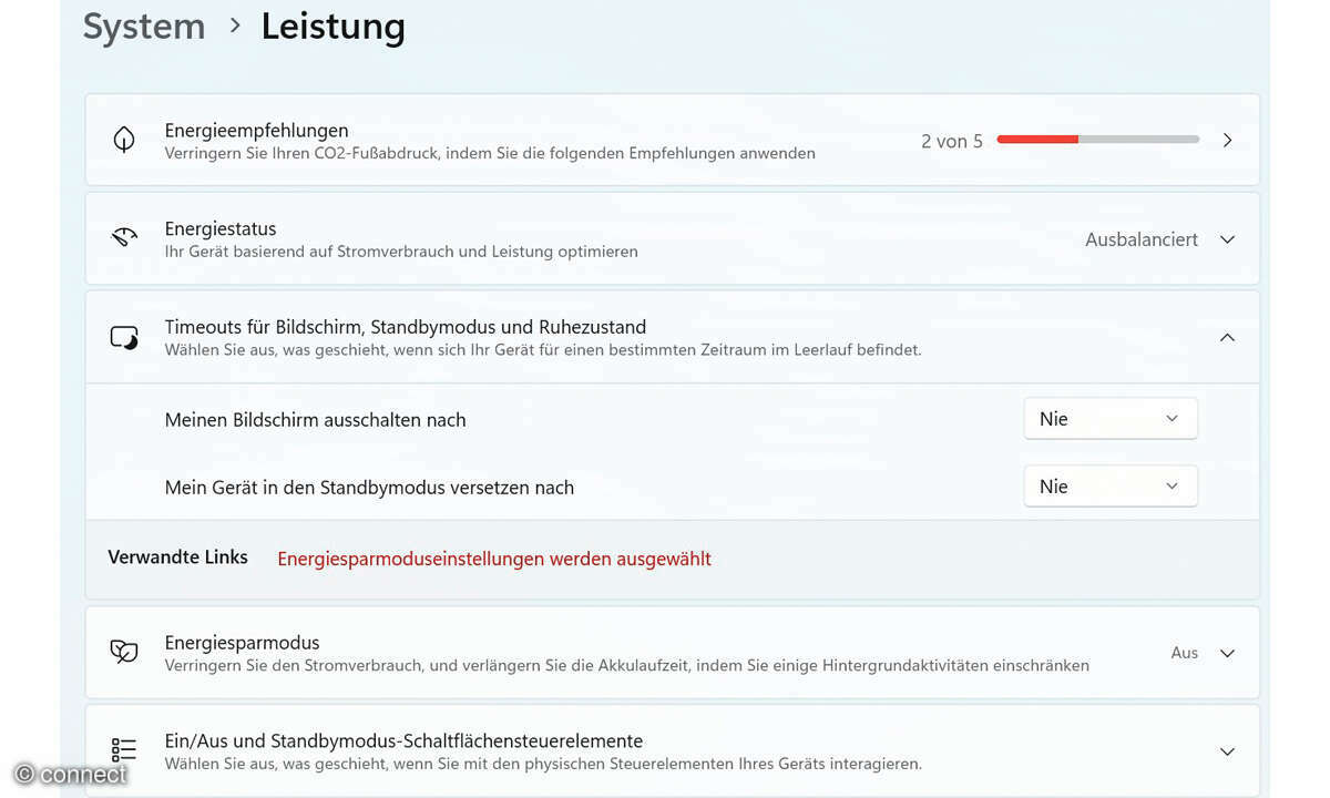 Homeserver Screenshot Energieoptionen