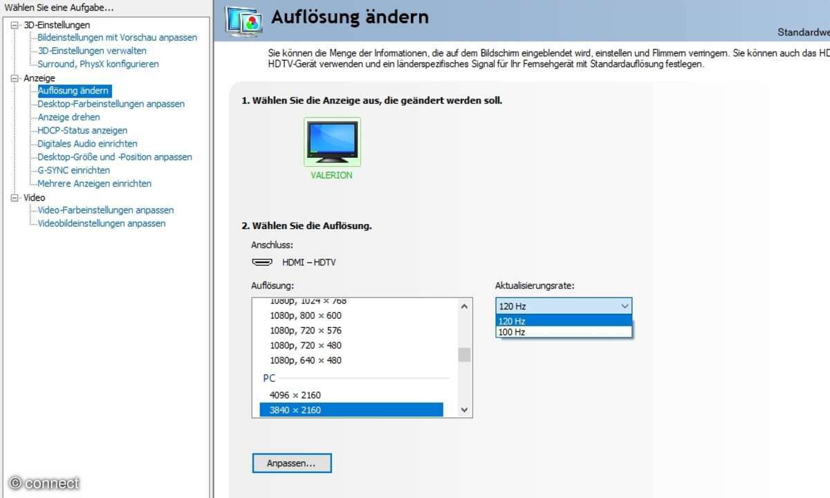 Am PC ließ sich UHD mit 120 oder 100 Hz problemlos einstellen.