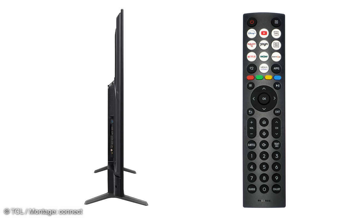 Hisense 65E7NQ im Test: Seitenansicht und Fernbedienung