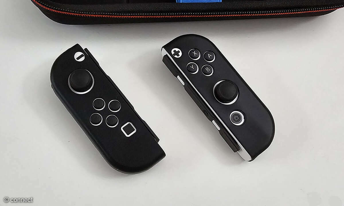 Die Silikongriffe liegen gut an und sorgen für Schutz und Halt der Joy-Cons. Bei der Lite-Version entfallen sie mangels abnehmbarer Eingabegeräte.