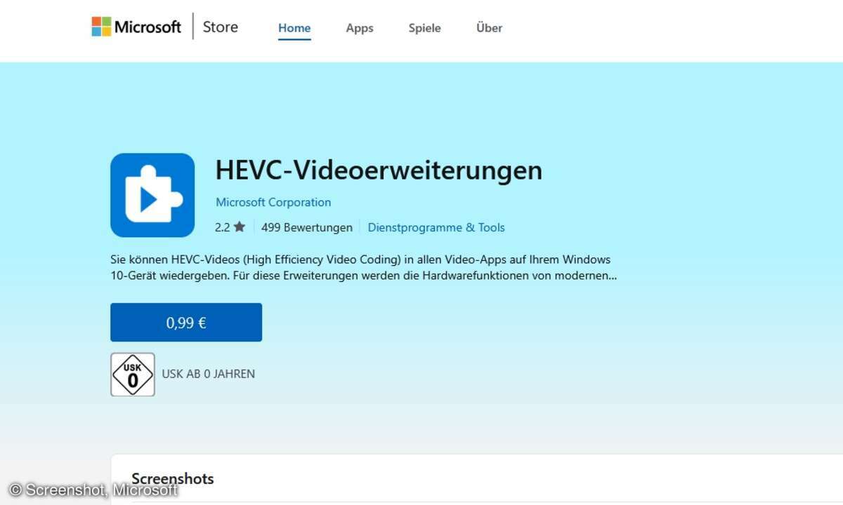 Sowohl mit Windows 10 als auch mit Windows 11 kostet der HEVC-Codec Geld.