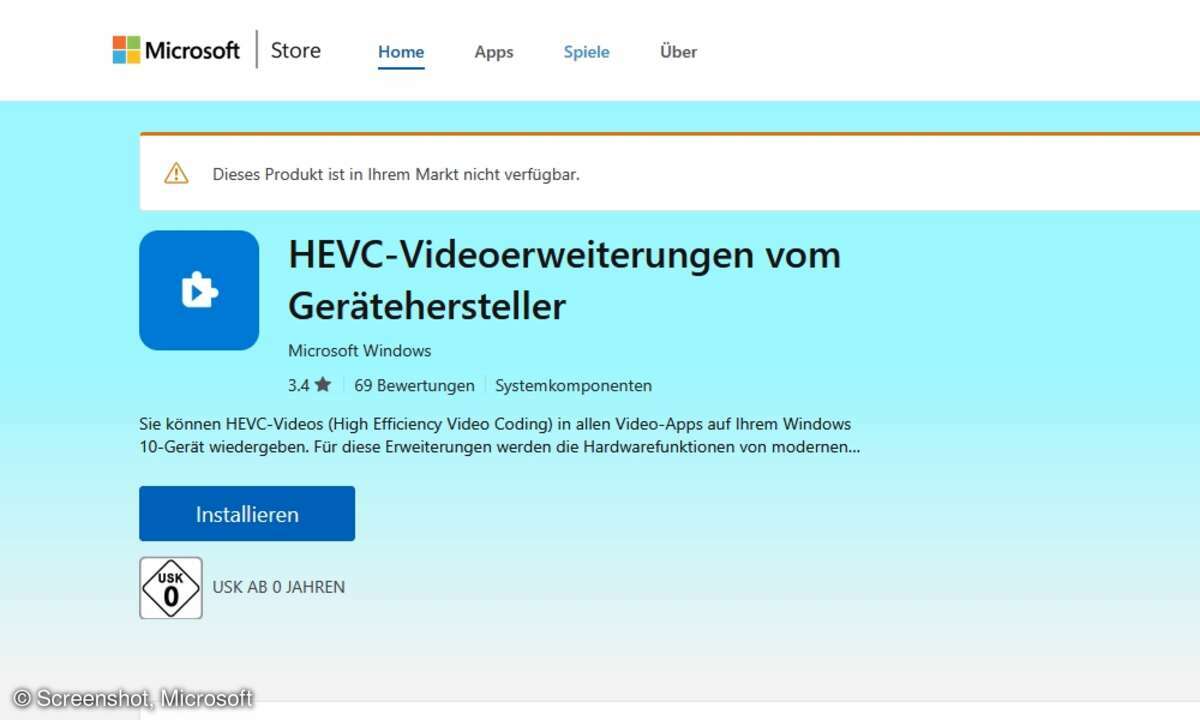 Seit 2017 ist der HEVC-Codec nicht mehr Bestandteil von Windows. Die Erweiterung landete im Store und war später nicht mehr kostenlos zu erhalten.