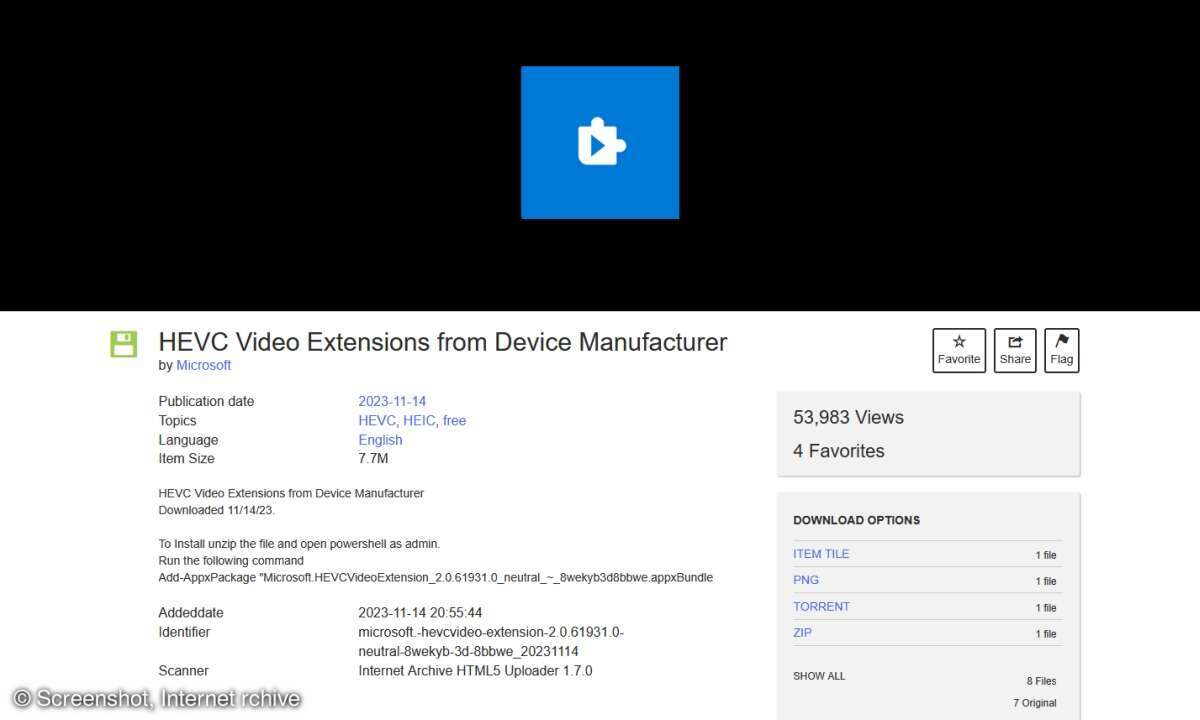 Das Internet Archive hält eine downloadbare Variante des HEVC-Codecxs für Windows bereit.