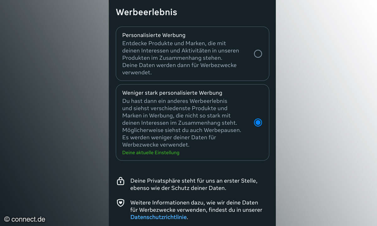 Zwischen personalisierter und weniger stark personalisierter Werbung schalten Sie in den 