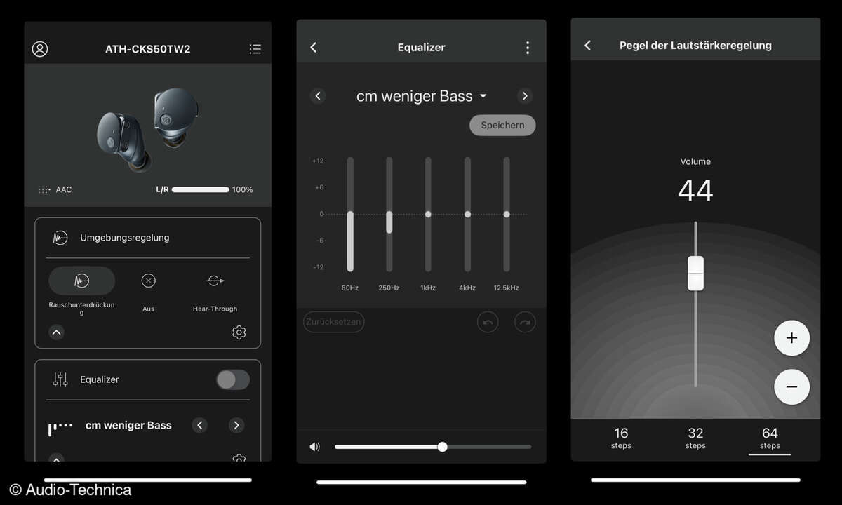 Die Companion App bietet einige Zusatzfunkionen. Rechts sieht man den Hauptbildschirm mit dem Ladezustand und den Einstellungen zum ANC-Modus. Mittig sieht man den Equalizer mit einem selbst erstellen Preset. Man kann hier manuelle Anpassung der Freq