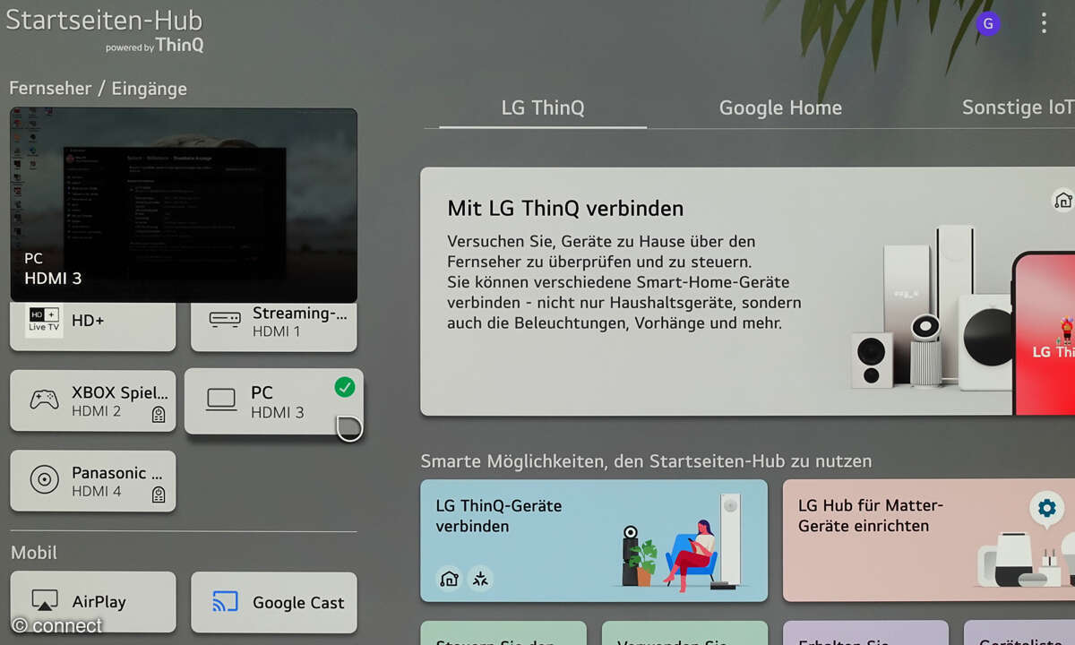 LG OLED77G58LW im Test: Screenshot Startseiten-Hub
