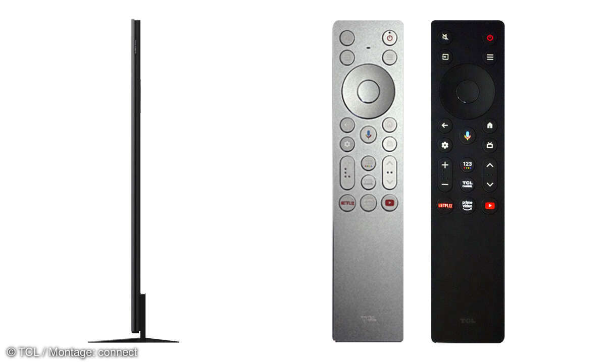 TCL 65Q8C im Test: Seitenansicht und Fernbedienung