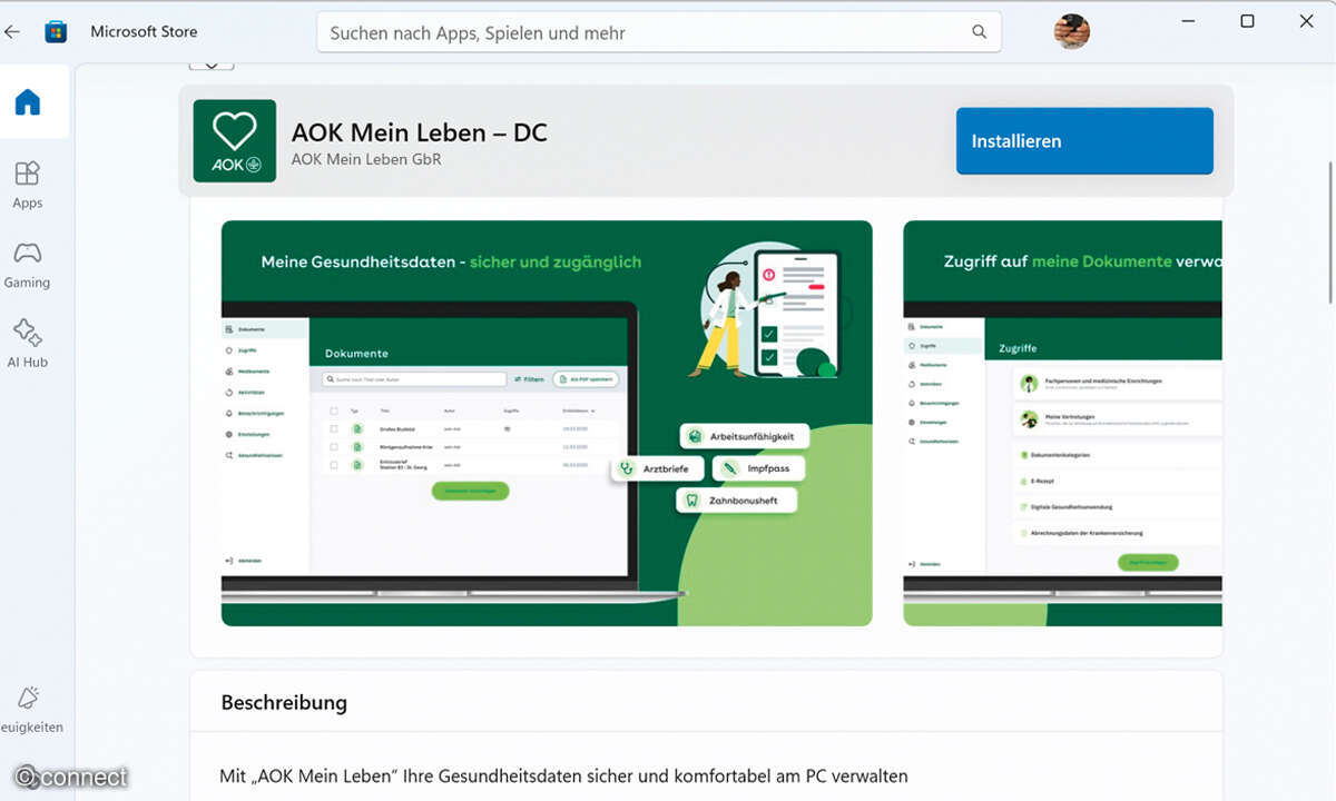 ePA am PC nutzen: Screenshot Microsoft Store AOK App