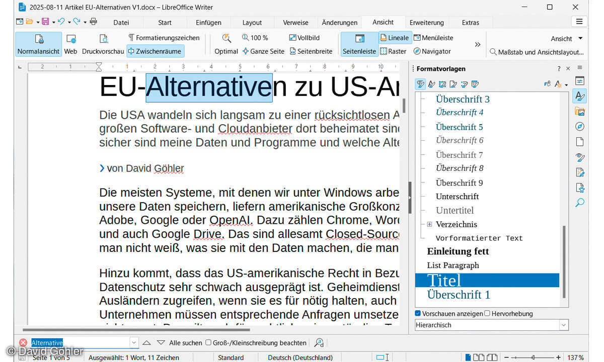Europäische Alternativen zu US-Software- & Cloud-Anbietern: Screenshot  LibreOffice