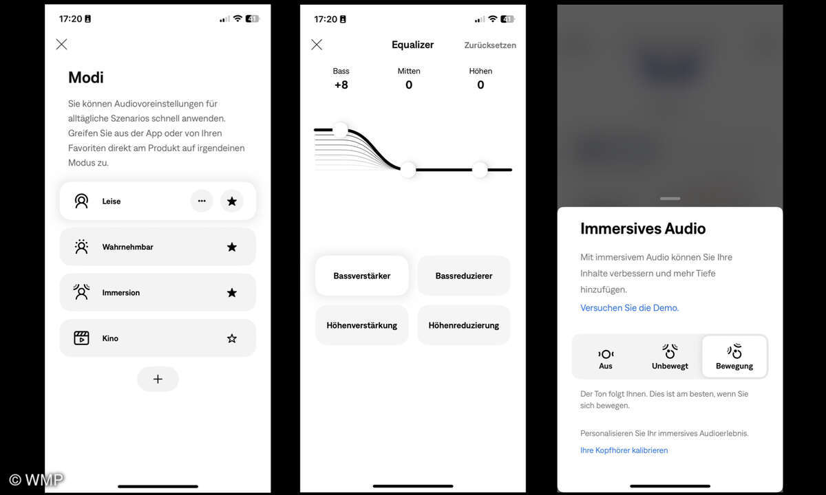 Die Bose Companion-App bietet Standardkost. Der EQ muss mit nur 3 Bändern auskommen. Prima Spatial Audio (Bose nennt es Immersives Audio) mit Headtrckimg kann man in der App separat aktivieren und deaktivieren.