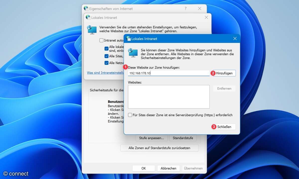 Wählen Sie als Zone „Lokales Intranet“ aus und drücken Sie anschließend darunter auf der rechten Seite den Knopf „Sites“. Mit den Funktionen des ersten Fensters können Sie steuern, welche Quellen der Rechner unter Intranet auffassen soll. Diese Einst