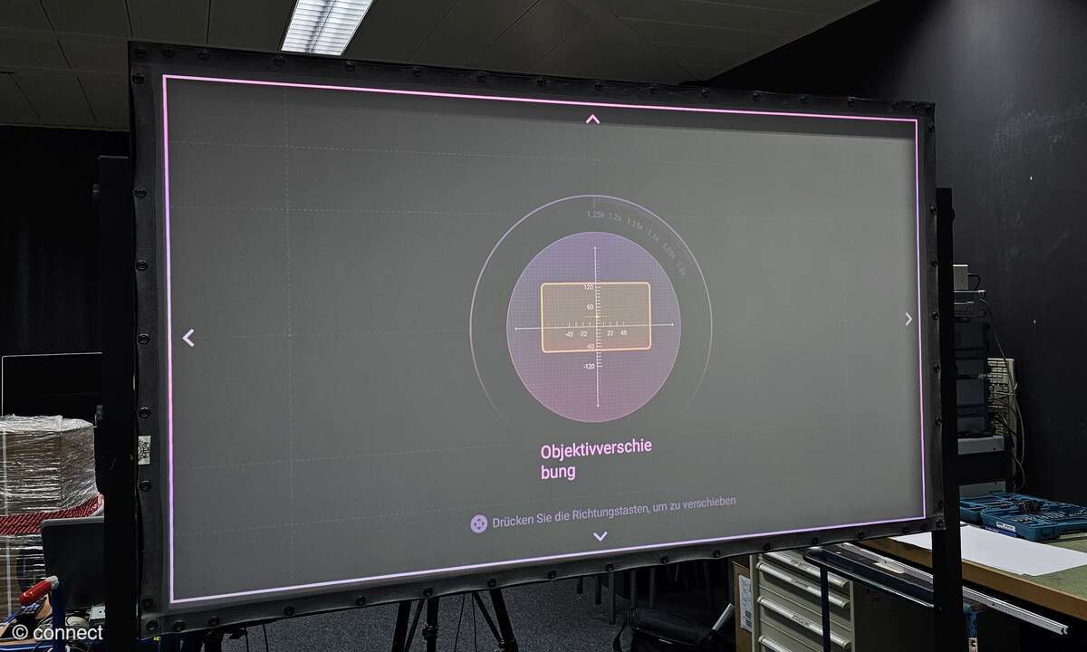 Bei der Einrichtung können wir uns vom sehr flexiblen Lens-Shift überzeugen. Hier wird das Gerät gerade auf die Stewart-Leinwand zwecks Rückprojektionsmessung von der anderen Seite vorbereitet.