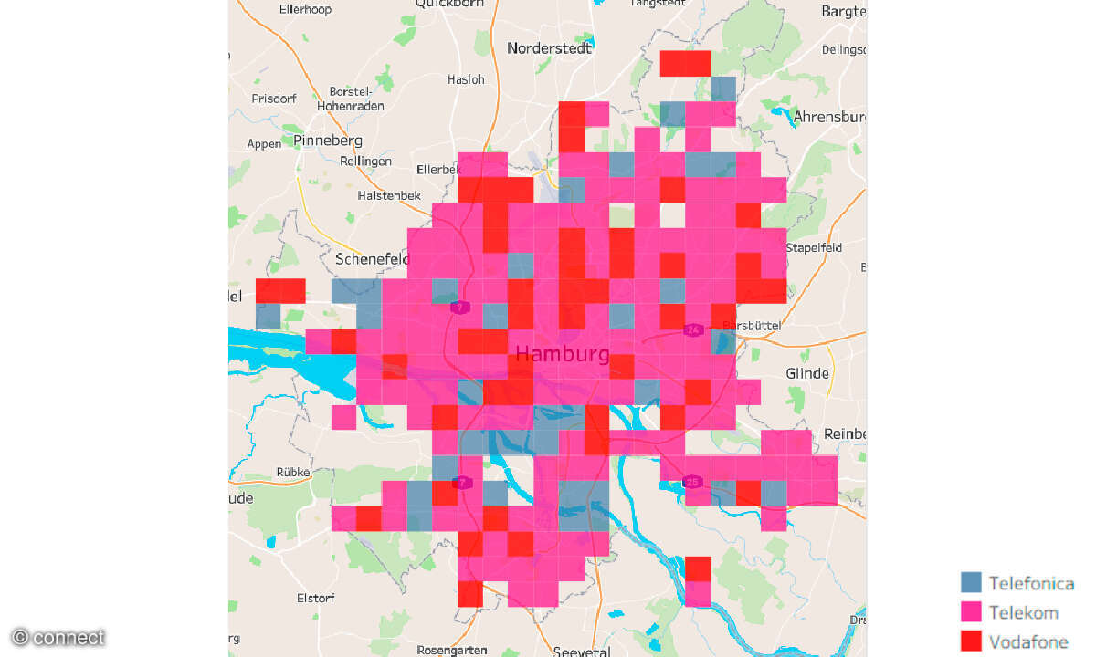 Mobilfunknetztest 2026: Kachel-Karte Empfang Hamburg